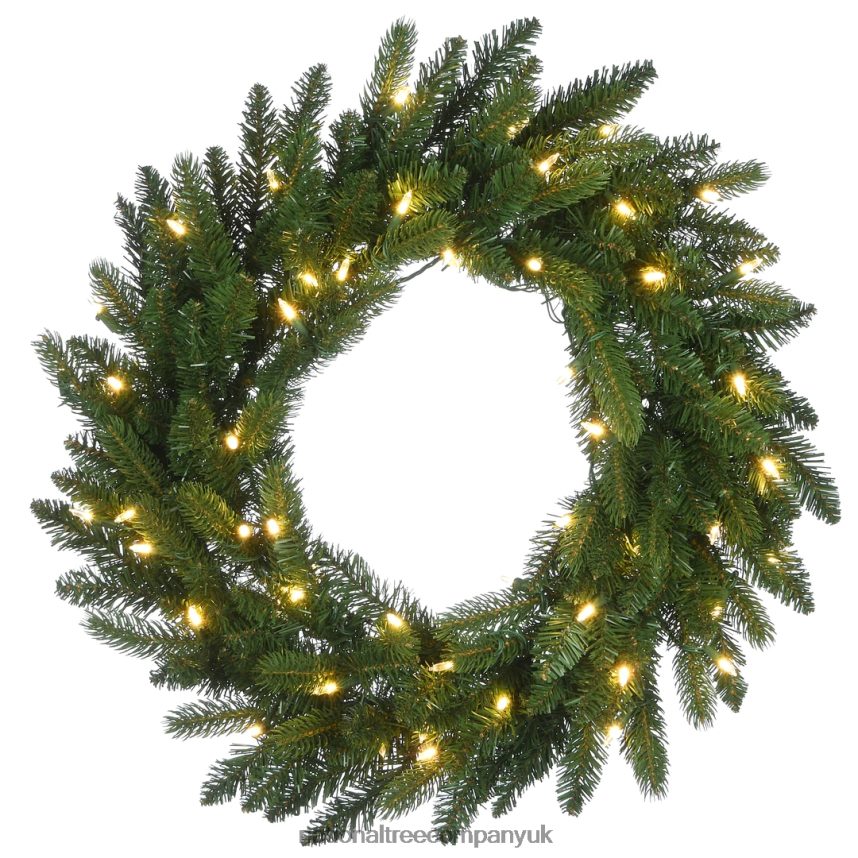 Greenery | National Tree Company Pre-Lit Artificial Christmas Wreath Green Grande Fir White Lights Christmas Collection 24 Inches F2L4F273